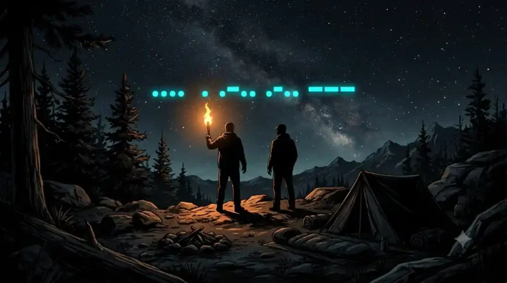 Hello in morse code in dark camp side
