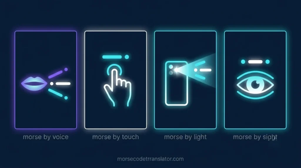 Four-panel illustration about morse code activity
